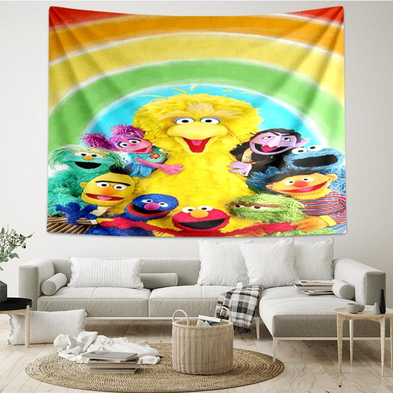 Sesame Street Print Tapestry, Backdrop, Easy Setup, Ideal for Bedroom, Office & Living Room, with Aesthetic Wall Hanging Decor.
