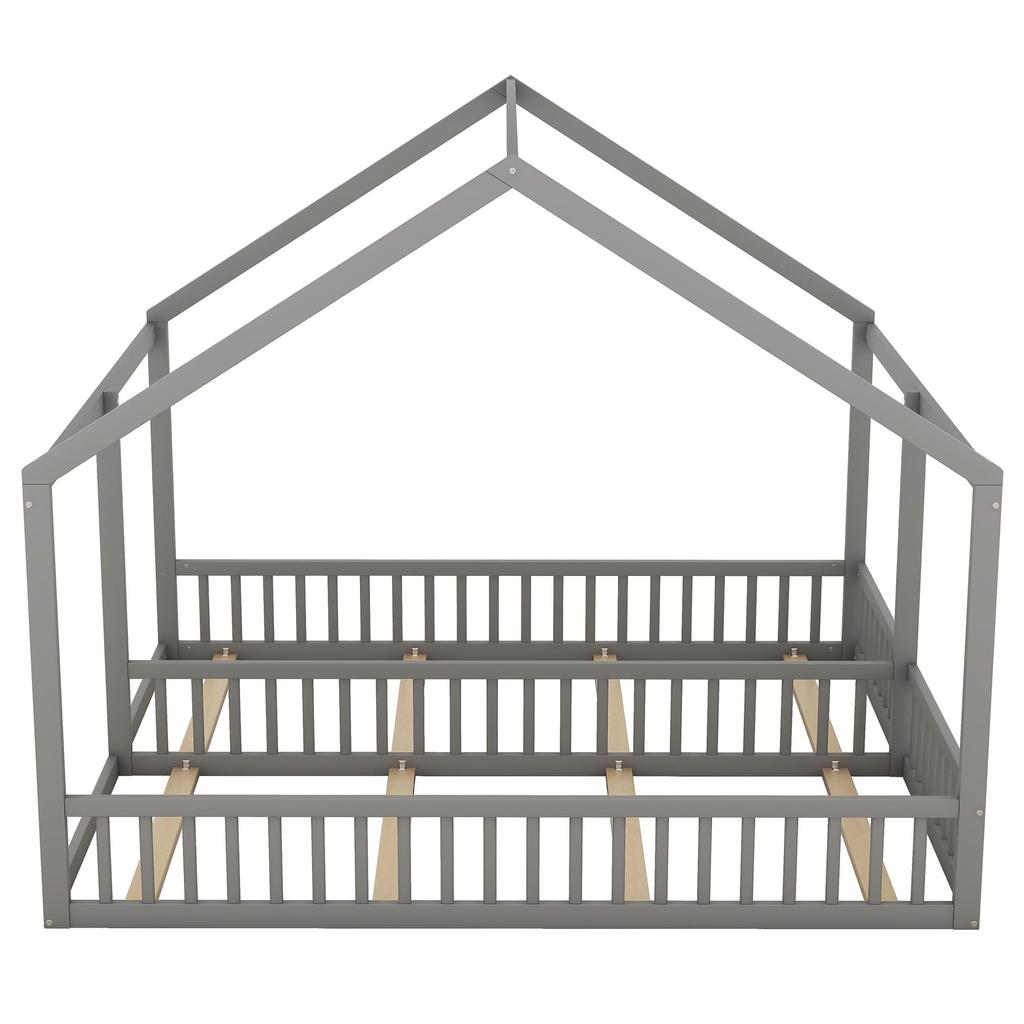 Hausbett 90x200cm, 2-in-1 Kinderbett mit Rausfallschutz und Lattenrost, Funktionsbett Doppelbett für zwei Kinder, Ohne Matratze