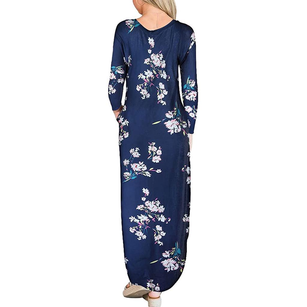 Robe longue ample à manches longues pour femmes, mode, col rond, poche fendue, robe pour dames