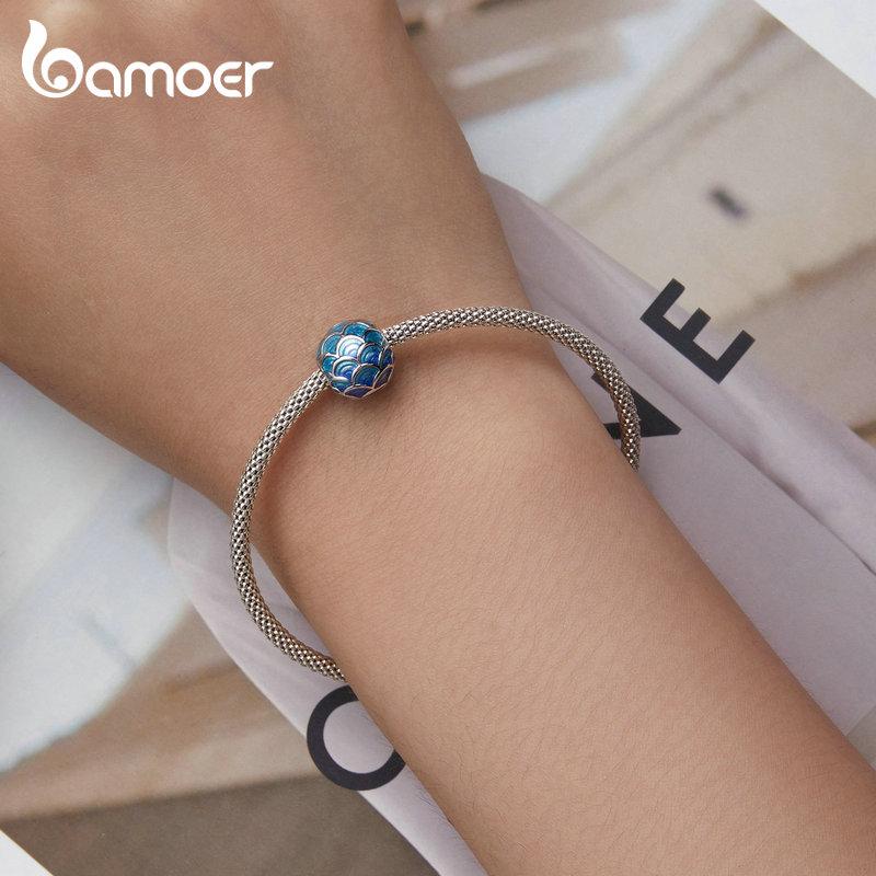 BAMOER 925 Sterling Silver Graduated Blue Chinese Dragon Scale Bead for Original Bracelet Bangle Unique Charm Jewerly