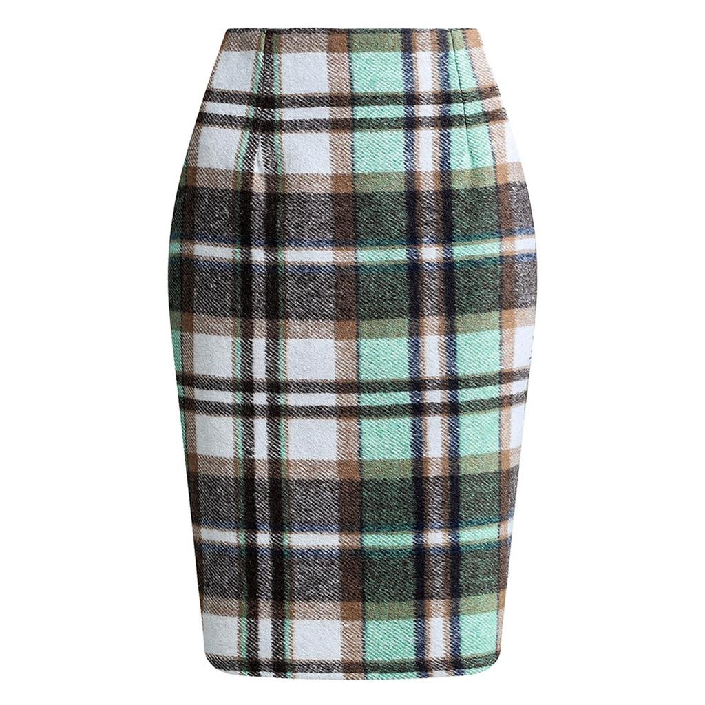 Women's High Waist Plaid Skirt Skinny Pencil Wool  Skirt