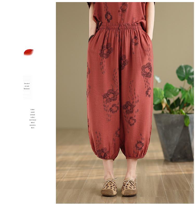 2026 Ethnic Style Tencel Linen Embroidery Women's Plus Size Summer Suit: Loose Slimming T-shirt + Pants Set