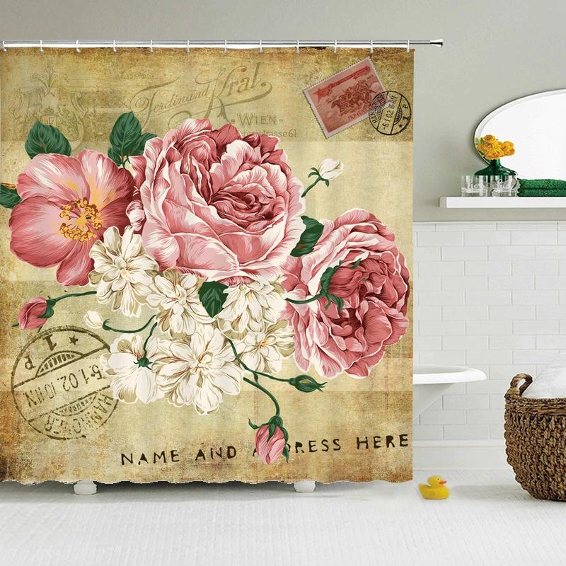 Retro European Shower Curtain ,Flowers Printed Bath Curtain Polyester Fabric Western Style Home Bath Decor Curtains With Hooks