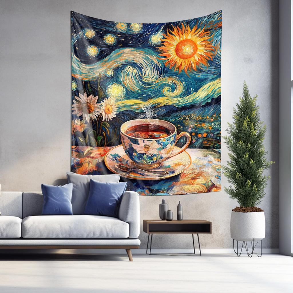 Van Gogh Style Coffee and Sunflowers Wall Hanging  Romantic Art Tapestry Under the Starry Sky