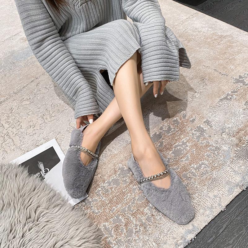Fashion Rhinestone Chains Mink Fur Flat Shoes for Woman Square Toe Warm Plush Moccasins Crystal Band Furry Slip On Loafers Big Size 43