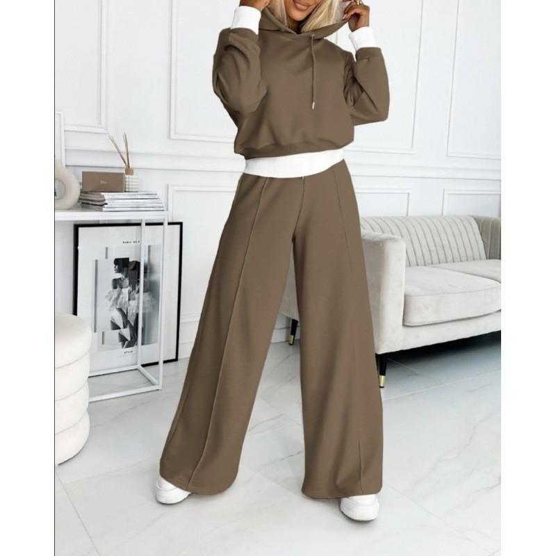 2026 Women's New Fall/Winter Solid Color Patchwork Hooded Sweatshirt Two-Piece Casual Sports Set
