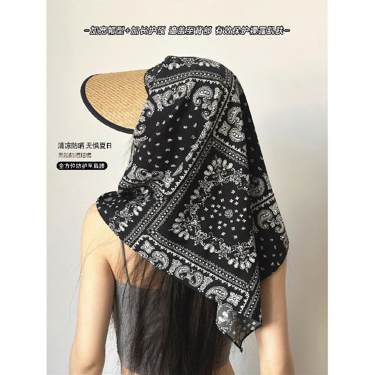 Summer Seaside Vacation Style Straw Sun Hat with Ice Silk Headscarf, Versatile Sun Protection Hat with Neck Protection, Integrated Headscarf and