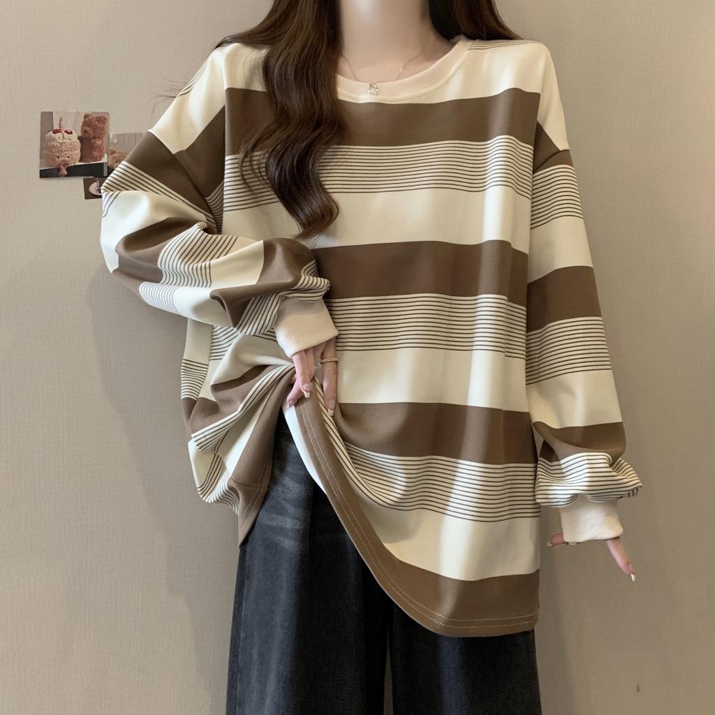 Vintage Stripe Tee Women Early Spring Thin Loose Slim Wearable Base Layer Student Long Sleeve