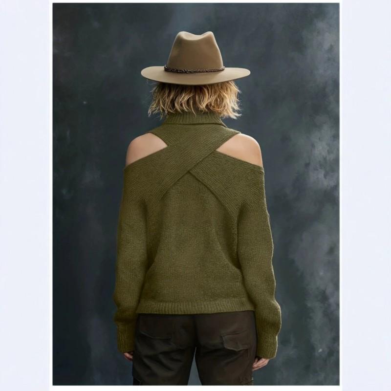 Womens Oversized Knit Sweater With Asymmetrical Cross-Shoulder Design High Neck Long Sleeve Loose Fit Top