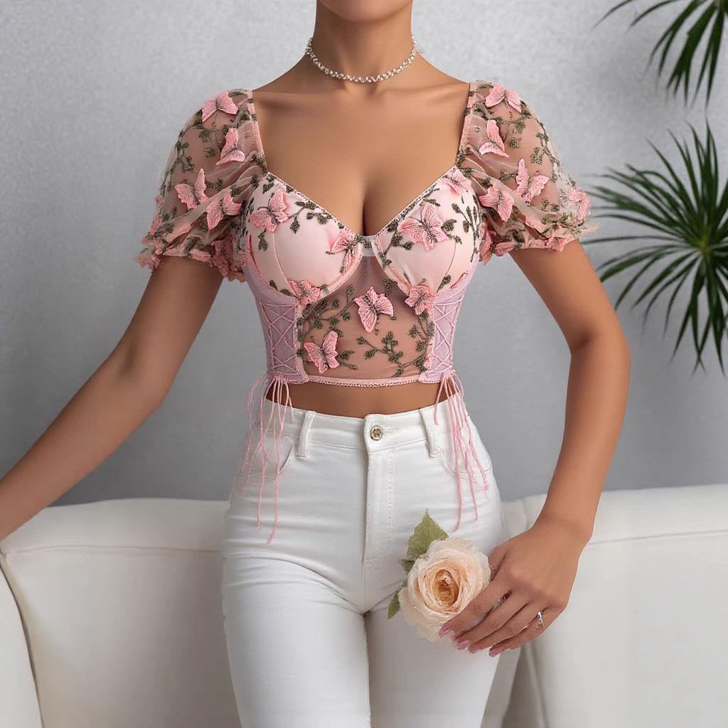 European and American Women's Clothing Splicing Mesh Vest, Short-sleeved Spice Girl Wind Backless Perspective Butterfly Embroidery Suspenders