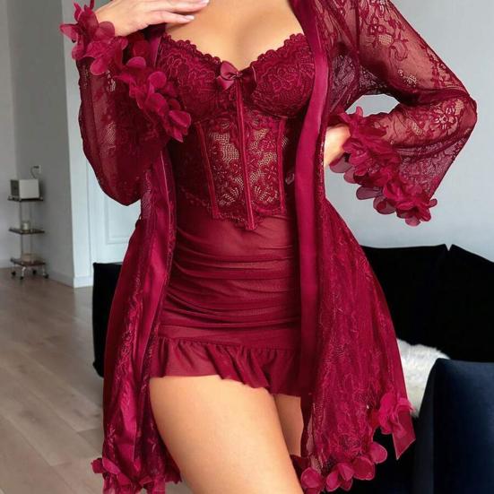 Women's 2 Piece Mesh Pajamas Set, Lace Cami Nightgown with Kimono Robe Nightwear Set, Babydoll Chemise Sheer Sleepwear