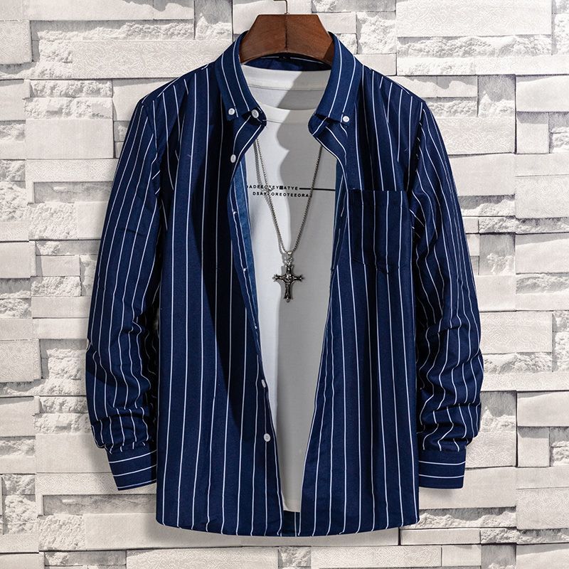 Spring and Autumn Vertical Striped Printed Shirt Men's Middle-aged and Young Comfortable Pocket Long-sleeved Shirt Men