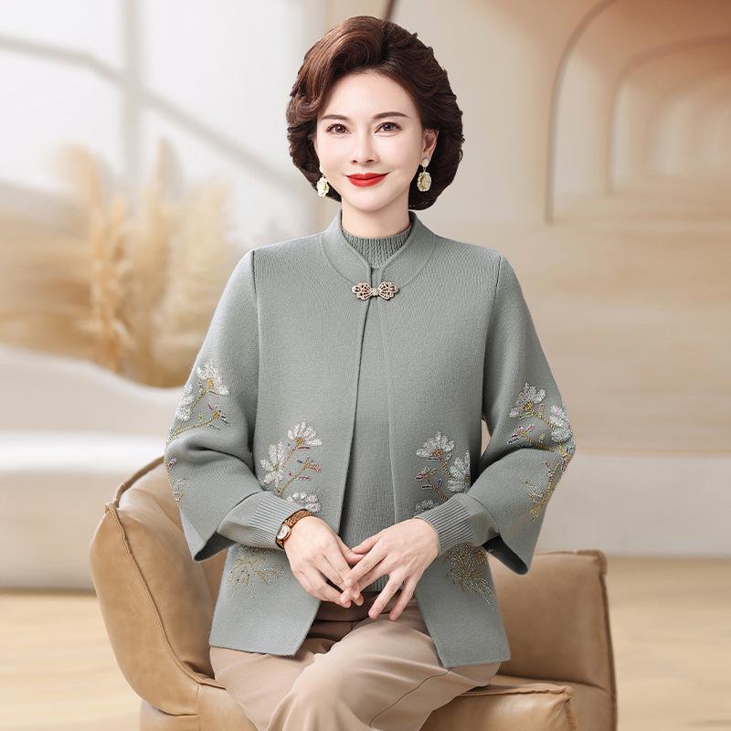 Mom's 2025 Autumn/Winter Knitted Cardigan with Embroidery for Middle-Aged and Elderly Women