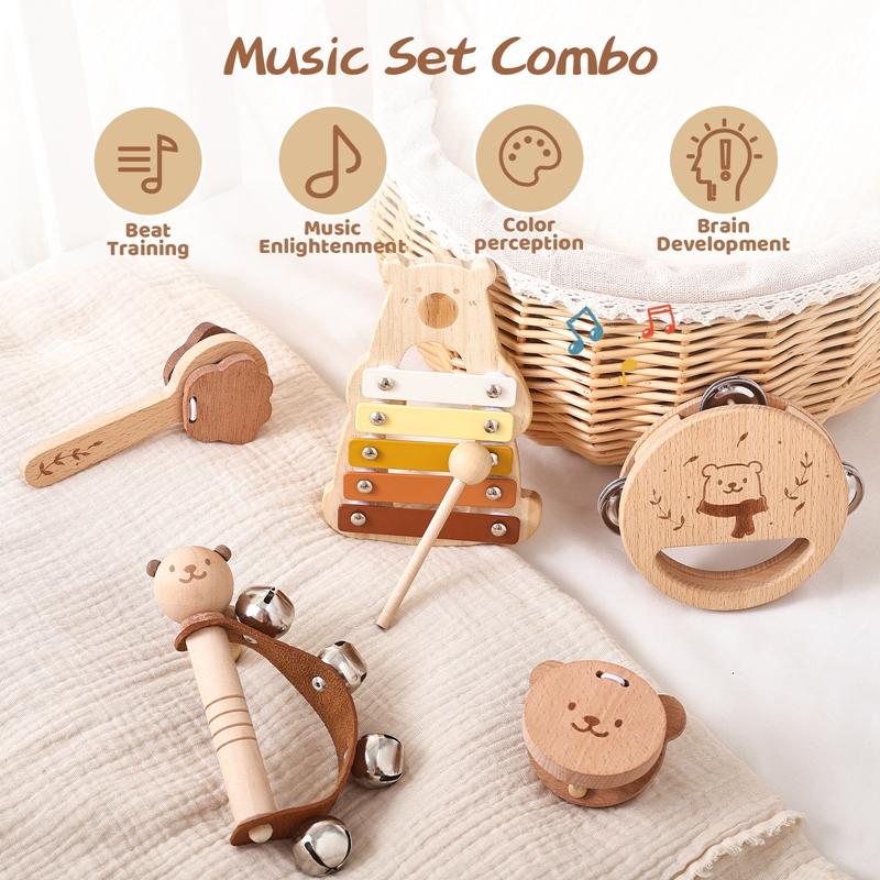 5Pc Set Montessori Toys Baby Music Toys Musical Instrument Wooden Educational Toys Baby 0 3 Years Toys Bear Xylophone Toys Gifts