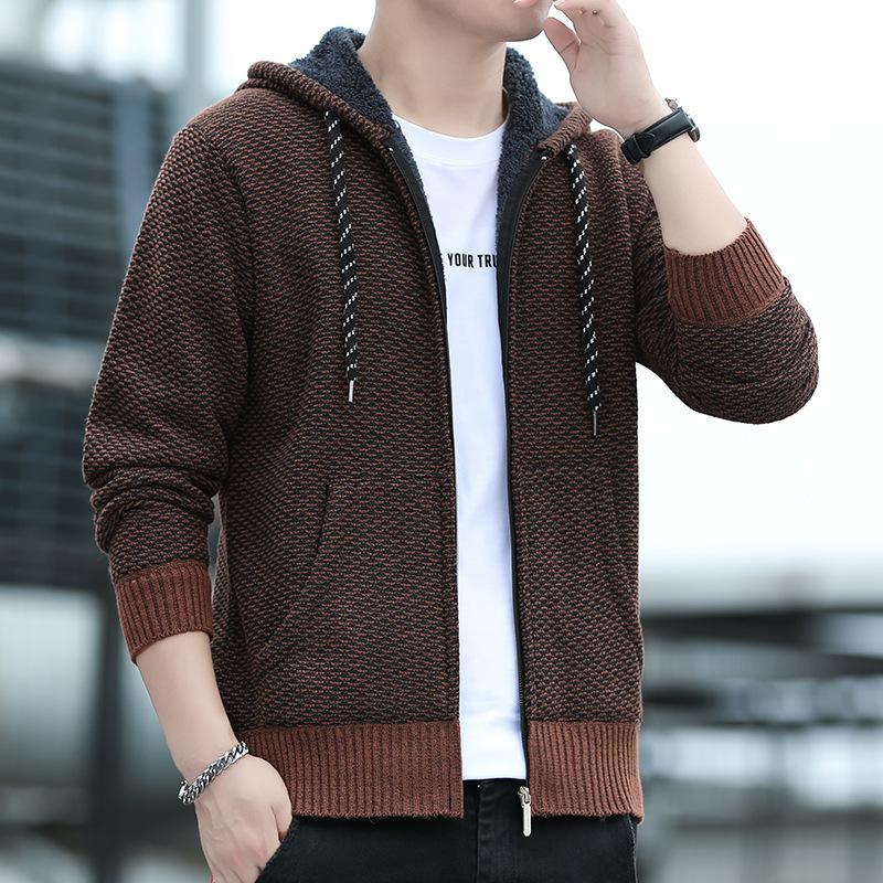 Gestrickter Pullover für junge und mittelalte Männer Cardigan Jacke Plus Samt Verdickt Mit Kapuze Einfarbiger Pullover