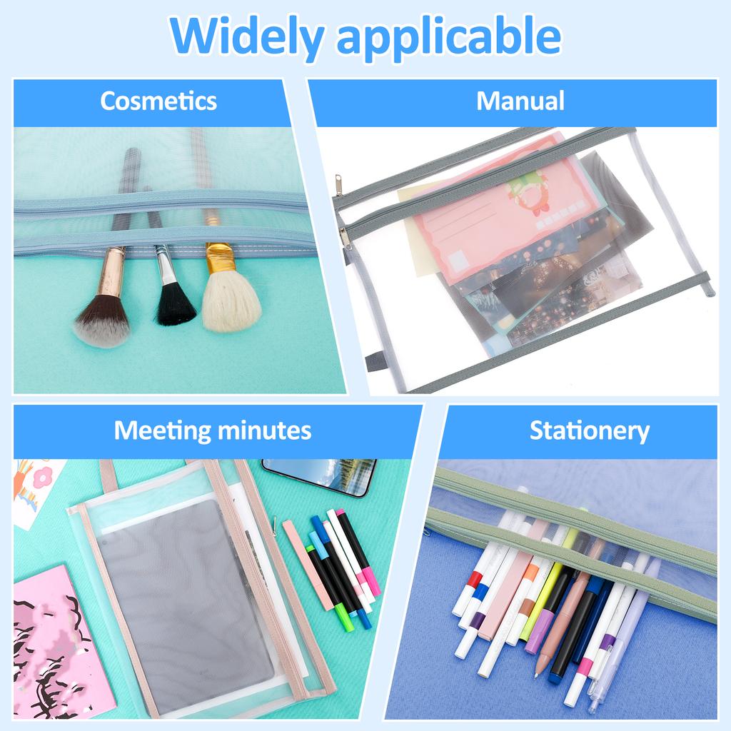 10 Pcs Mesh Zipper Pouch Bag with Handle Double Layer Mesh Zipper Pouch Breathable A4 Zip Bag for Toy Storage and Organization