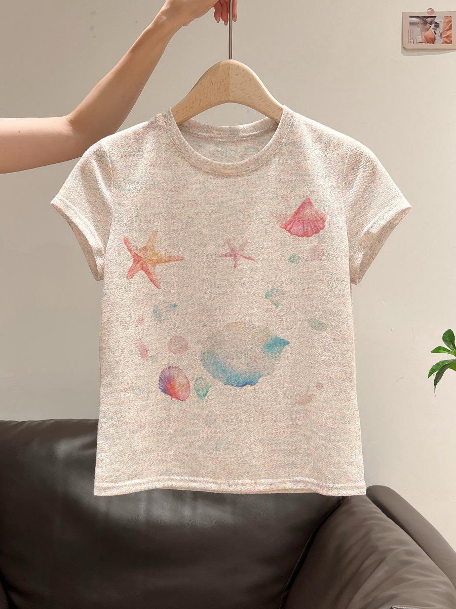 

Korean print slim-fitting and thin round neck short-sleeved T-shirt women s summer new front shoulder design short top L білий
