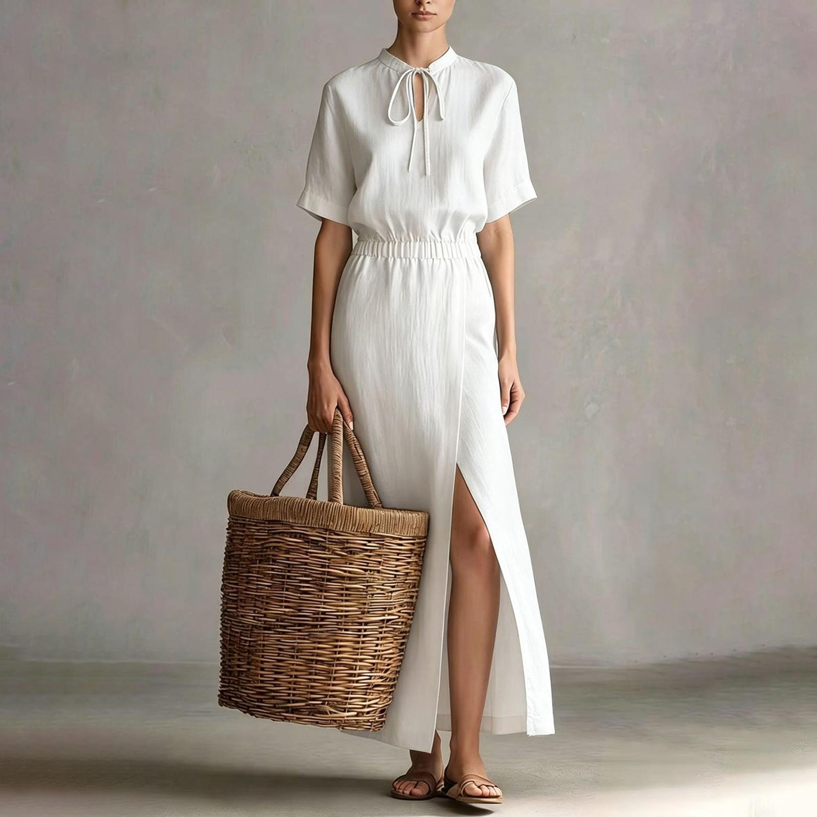 

Women s Summer Fashionable Round Neck Short Sleeved Retro Drawstring Tied Waist Slimming Skirt Slit Cotton And Linen Dress XL