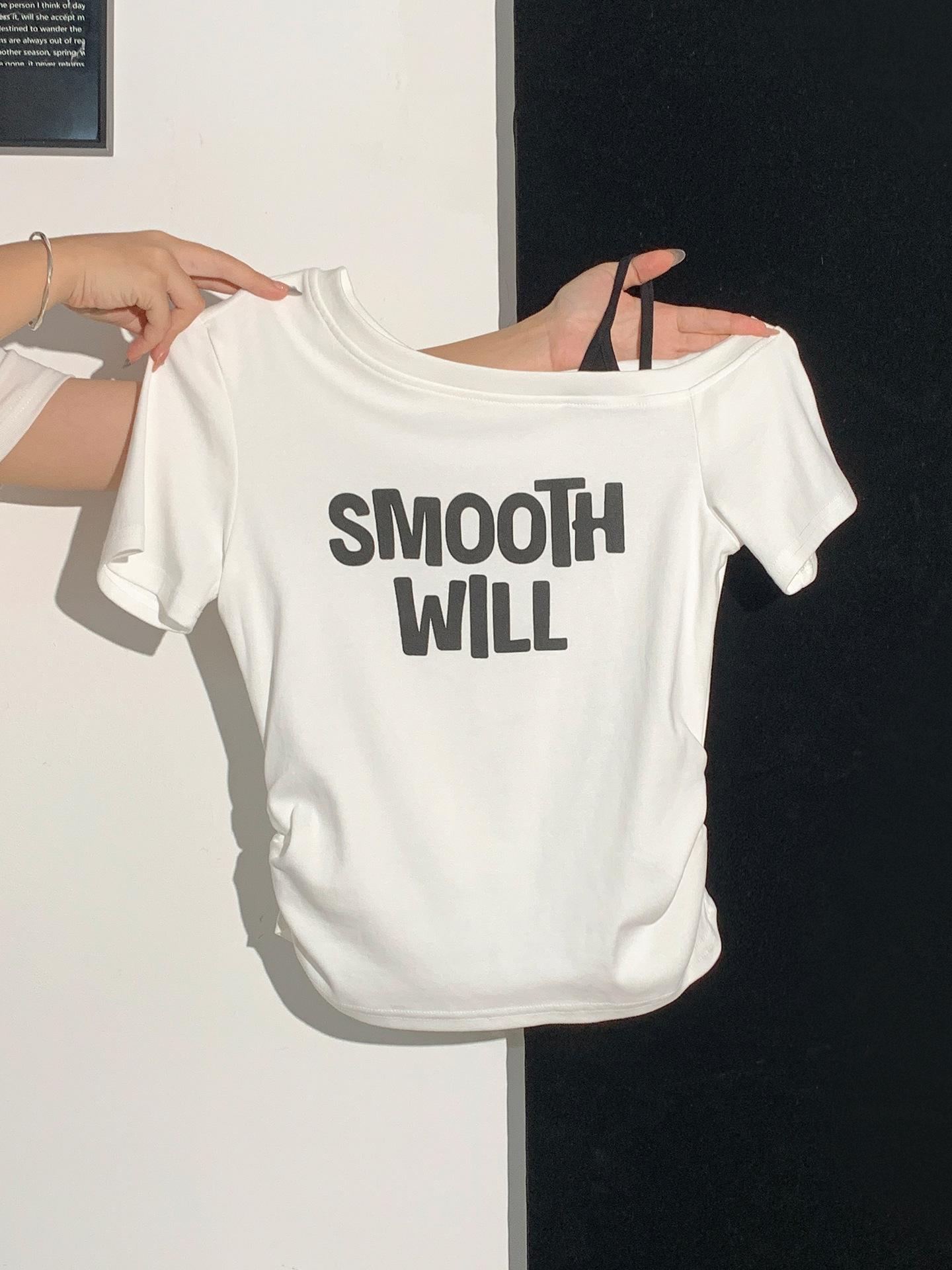 

navy blue slanted shoulder off-shoulder short-sleeved women s T-shirt summer design contrasting color shoulder strap pleated waist printed top L білий