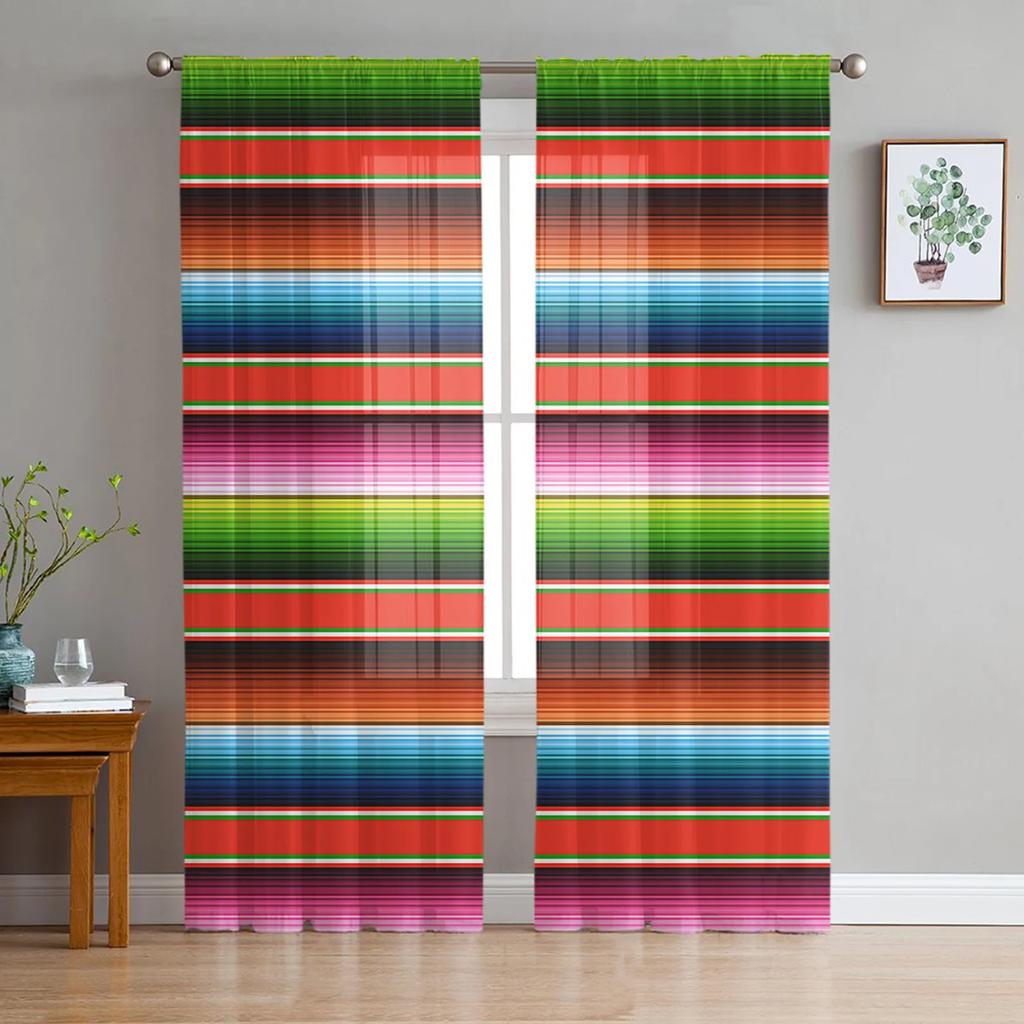 Mexican Stripes Colorful Stripes Sheer Curtains for Living Room Decoration Window Curtain Kitchen Tulle Voile Organza Drapes