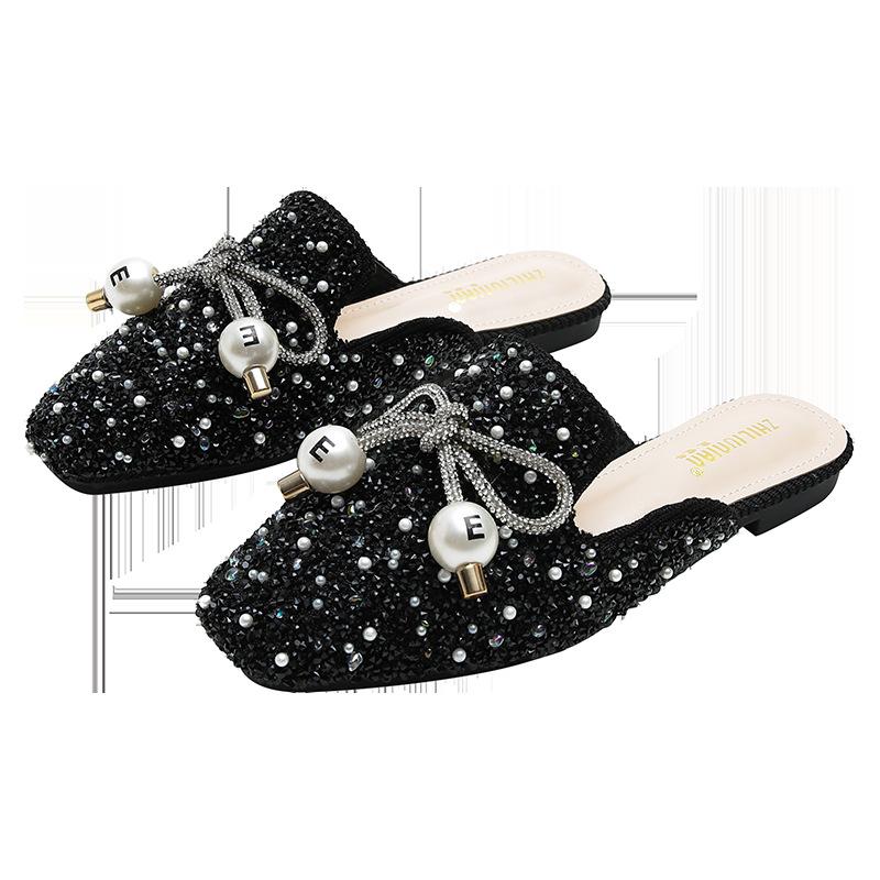Duży rozmiar damskie buty cyrkonie kokarda baotou pół-klapki perłowe buty damskie letnie do noszenia na zewnątrz modne sandały do noszenia na zewnątrz wróżkowe