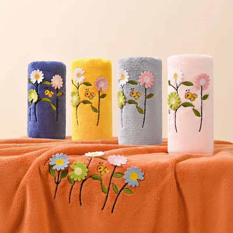 2pcsHome portable embroidered cartoon bath towel towel household thick coral fleece absorbent quick-drying bath towel
