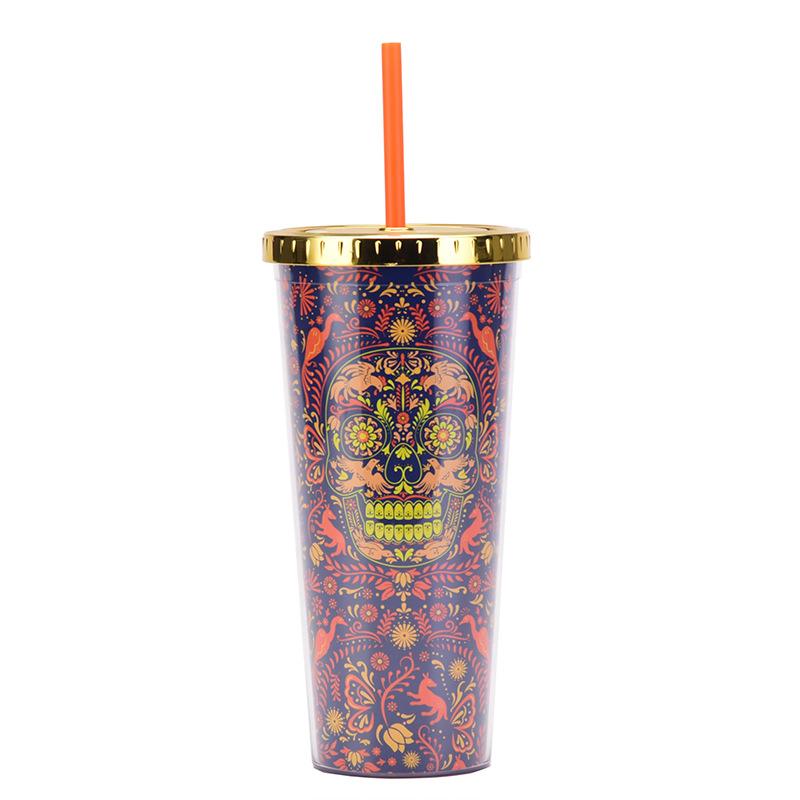 Double Plastic Cup Colored Skull Halloween Party Water Cup Portable Creative Straw Cup