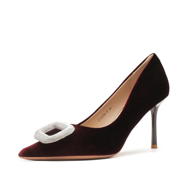 8850 [sheepskin] high heels women's thin heels autumn 2025 new pointed square buckle rhinestone dress single shoes