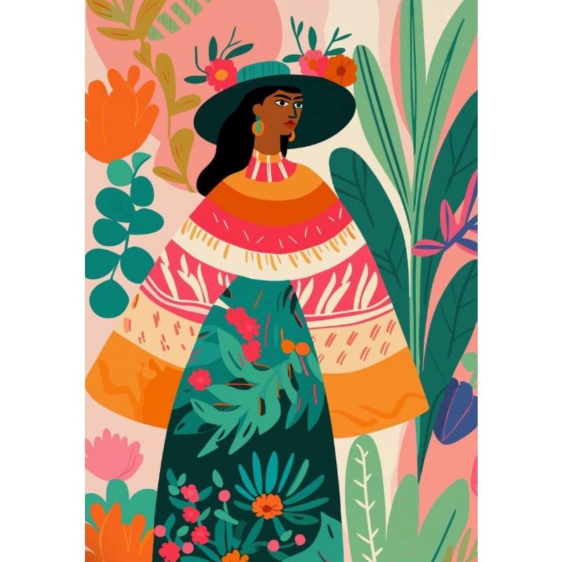 Woman Flower Plants Ethnic Latinx Poster Print Canvas Painting Latina Eclectic Maximalist Wall Art Picture for Room Home Decor