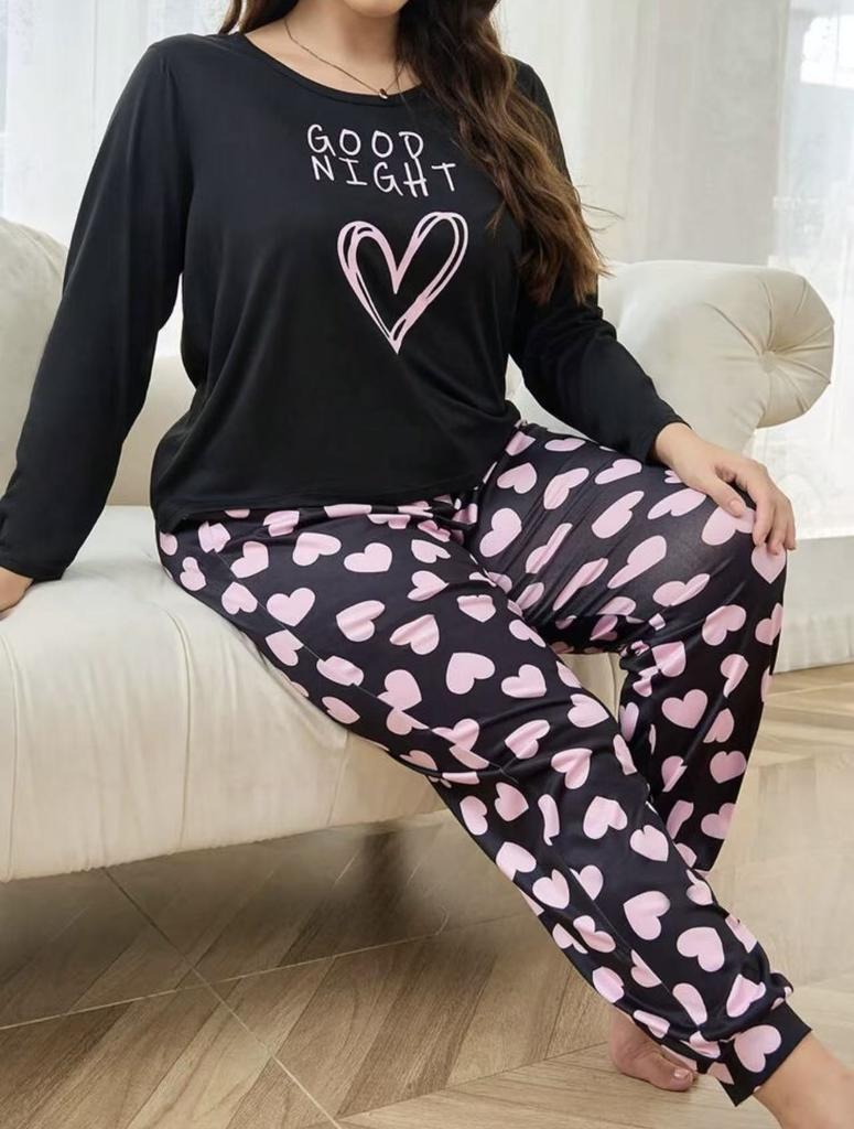 Plus-Size Curvy Women's Long-Sleeve Long-Pants Loose-Fit Casual Heart-Print T-Shirt Set