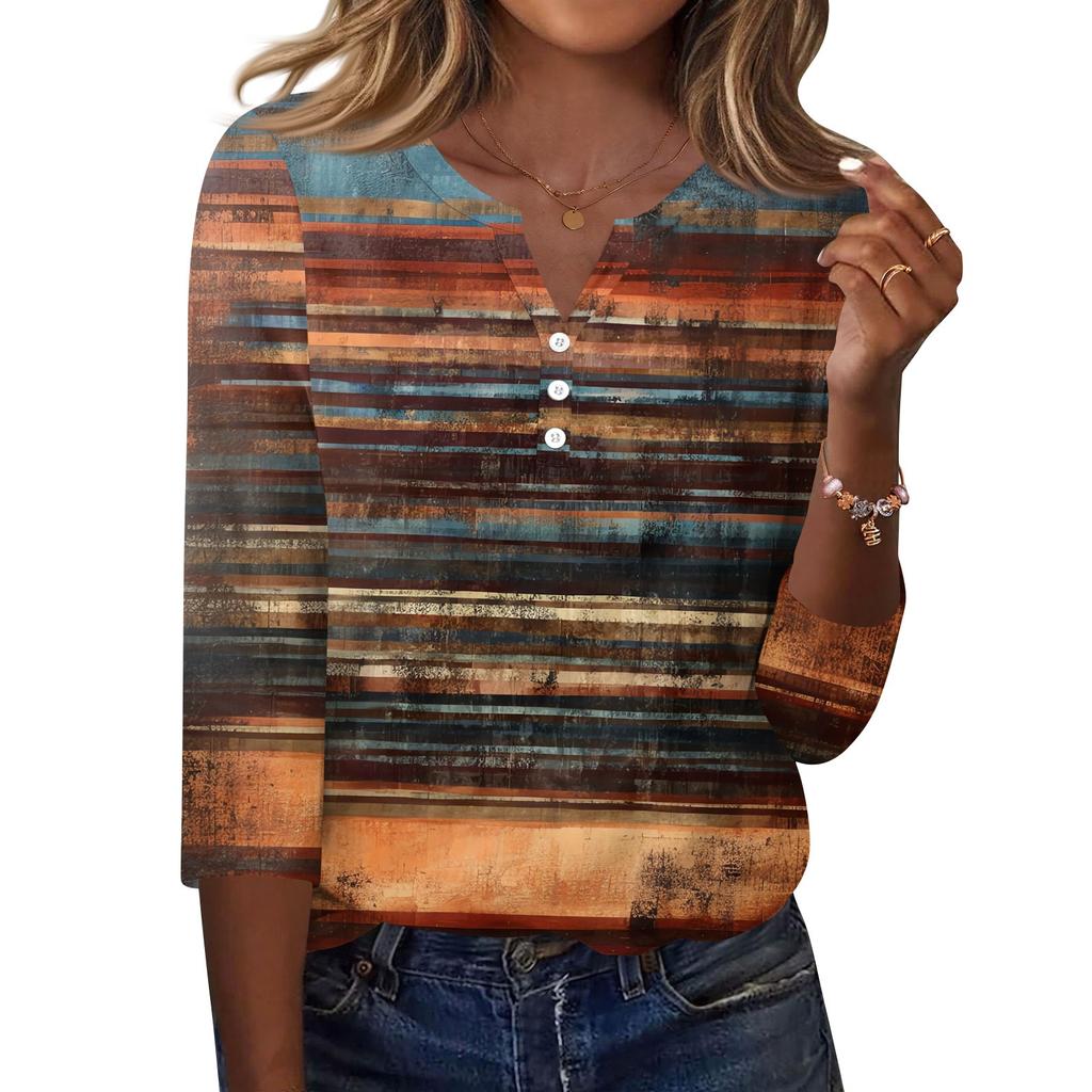 Damen T-Shirt mit Aufdruck, Knopfleiste, 3/4-Ärmel, für den Alltag, Wochenendmode, Basic, V-Ausschnitt, normales Oberteil