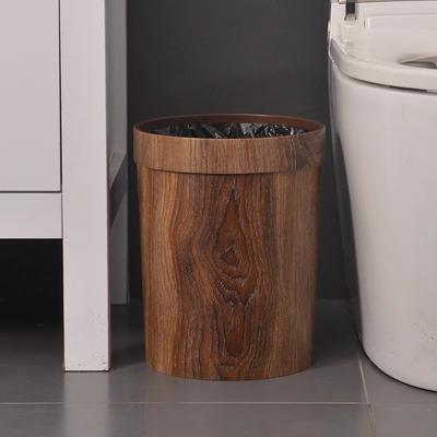 Vintage Round Wood Grain Trash Can Guest Room Trash Can Hotel Plastic Trash Can Garbage Bin