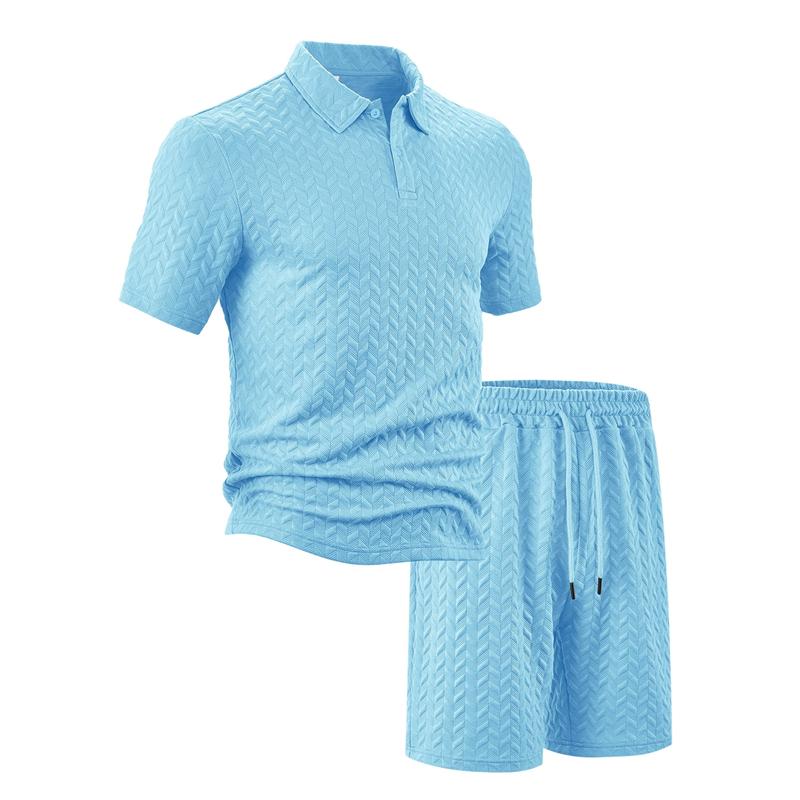 2026 New Men's Summer Casual Loose Fit T-Shirt Shorts Set Lapel Jacquard Thin Short-Sleeved Sports Polo Shirt Set