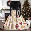 Women's Casual Vintage V-Neck Long Sleeve Dress with Christmas Print