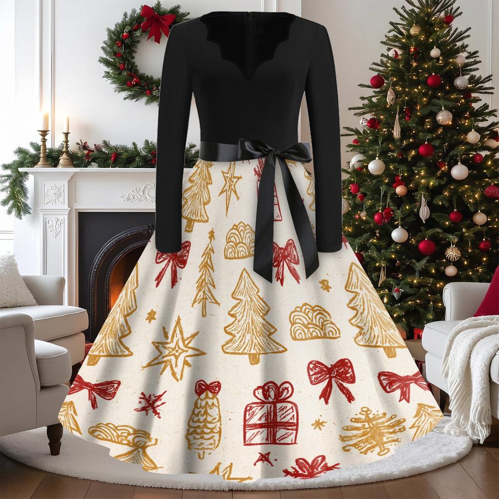 Women's Casual Vintage V-Neck Long Sleeve Dress with Christmas Print