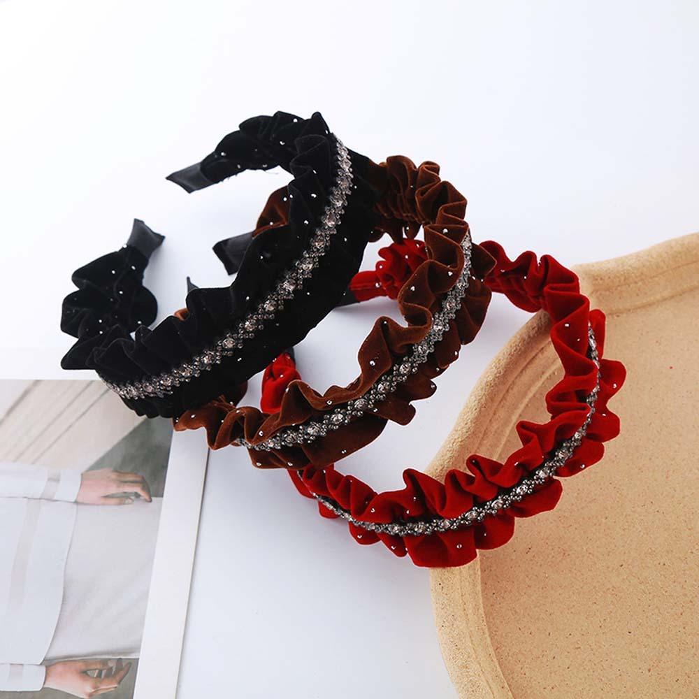 French Style Velvet Pleated Hair Hoop Sweet Women Sequin Hairband Shiny Rhinestone Headband  Female