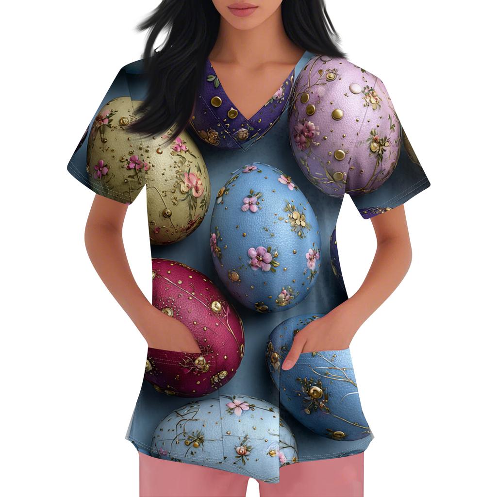 Damenmode V-Ausschnitt Kurzarm Arbeitskleidung Mit Taschen Osterdruck Oberteil Pflegekraft Uniform