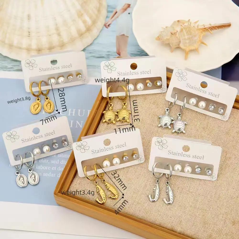 Ladies' New Exquisite Three Piece Earrings Luxury 18K Gold Earrings Stainless Steel Party Fashion Jewelry