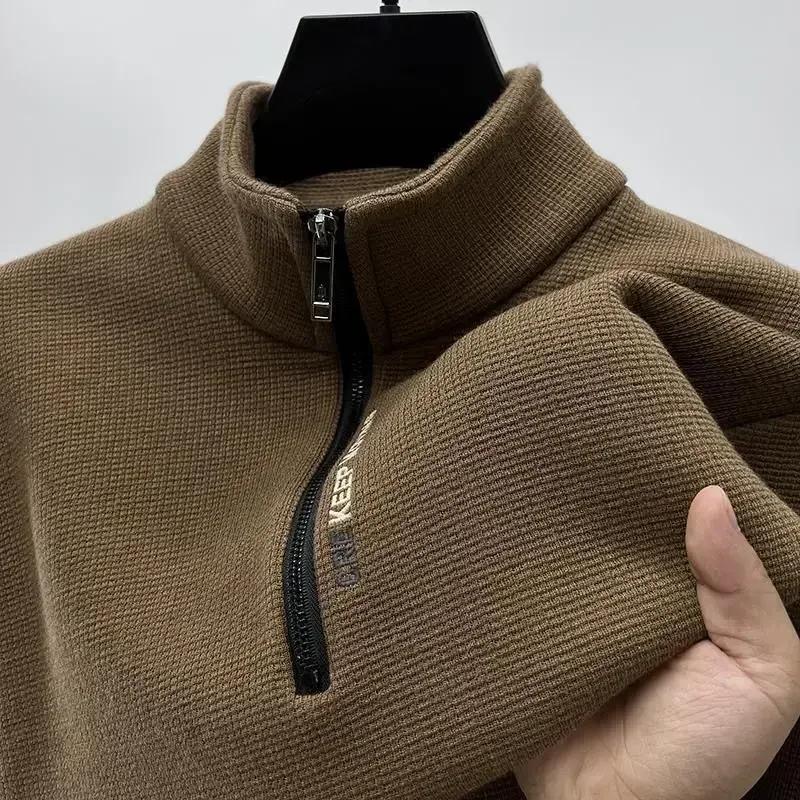 Gruba Ciepła Bluza Męska z Fleeceu, Półzamek Błyskawiczny, Haft z Literami, Stójka, Vintage Pulower, Luźny Sweter Sportowy Jogger