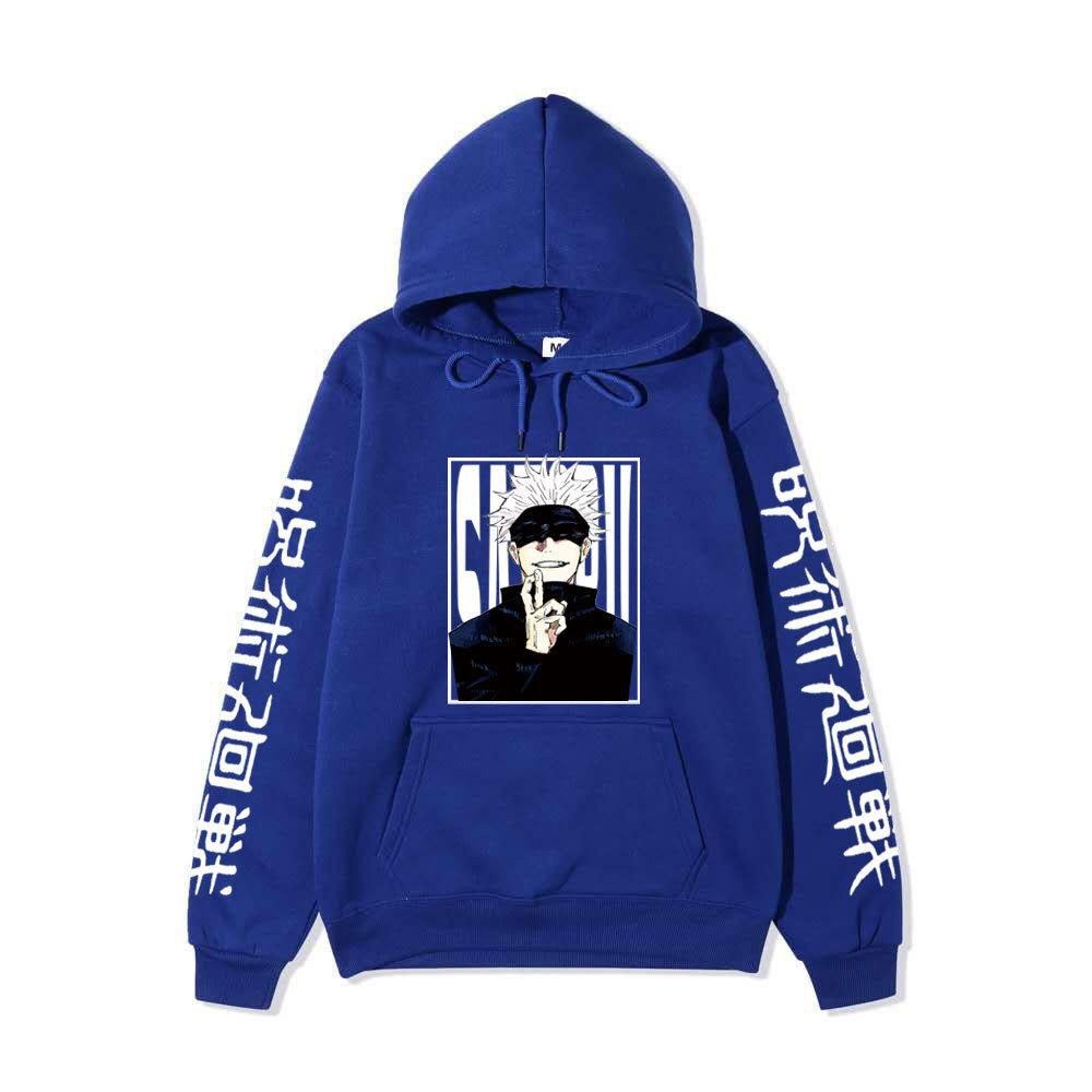 Jujutsu Kaisen Satoru Gojo Unisex Fleece Hoodie Autumn Winter Anime Character Japanese Kanji Sleeve Print Long Sleeve Pullover Sweatshirt