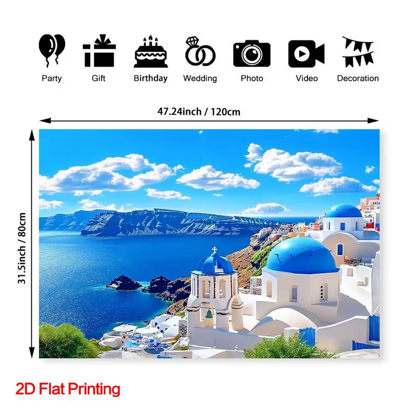 

2D Santorini Greece Landscape Tapestry, Bright Blue Sky & Ocean Wall Hanging for Party 47.2x31.5inch/120*80cm