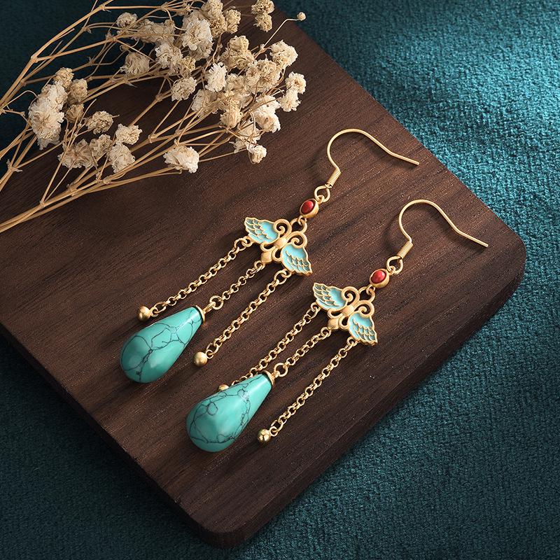 

Aieryuan Ethnic Gold-Plated Enamel Tassel Earrings with Imitation Turquoise