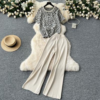 Sommer Herbst Leopardenmuster Strickpullover Set Damen Kurzarm Pullover Tops + Knöchellange Hose Zweiteiliger Trainingsanzug