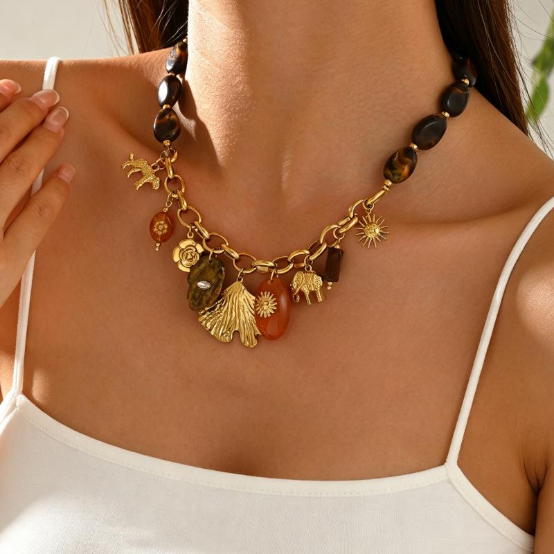 New Popular National Style Accessories Necklace Multi-pendant Gold-plated Retro Sun Flower Heart-shaped Stainless Steel Jewelry Jewelry