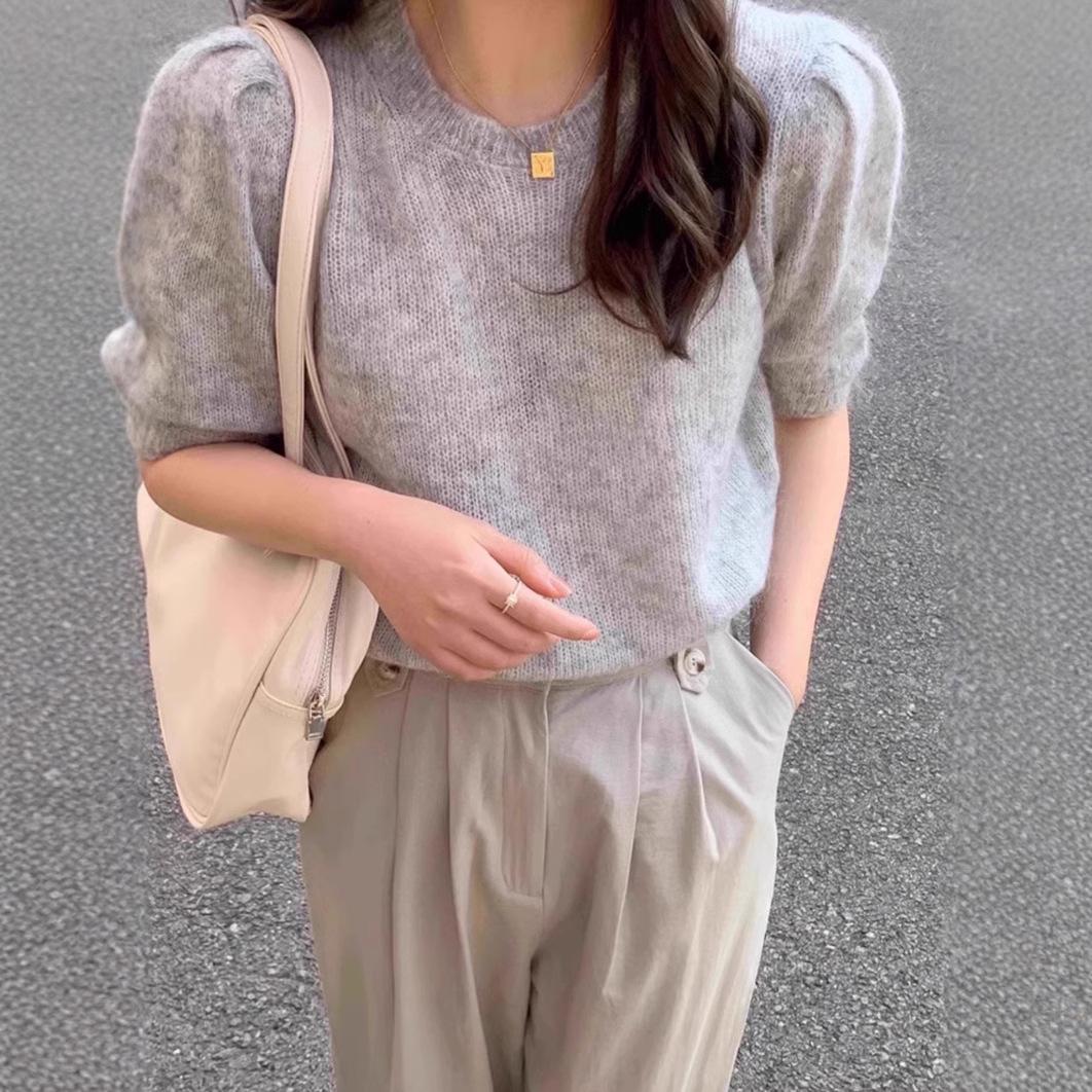 

2025 Women s Wool Knit Crew Neck Puff Sleeve Spring T-shirt - Short Sleeve Loose Slimming French Top Extra Large чорний