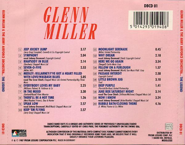 

CD GLENN MILLER THE ARMY AIR FORCE B Legend DBCD01 Prism Leisure C 1987 UK Jazz Used