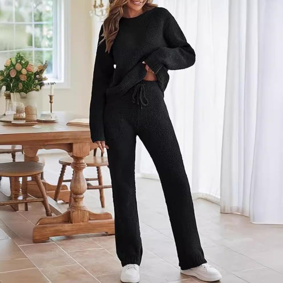 Women's Solid Color Round Neck Long Sleeve Trousers Thick Warm Suit