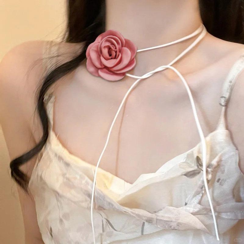 Black and white flower necklace rose choker neck flower neckband necklace female neck collar camellia clavicle chain