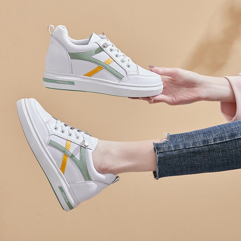 Spring Leather Little White Shoes Women's, Inner Height Increase Lace-up Casual Color Matching Female Student Shoes