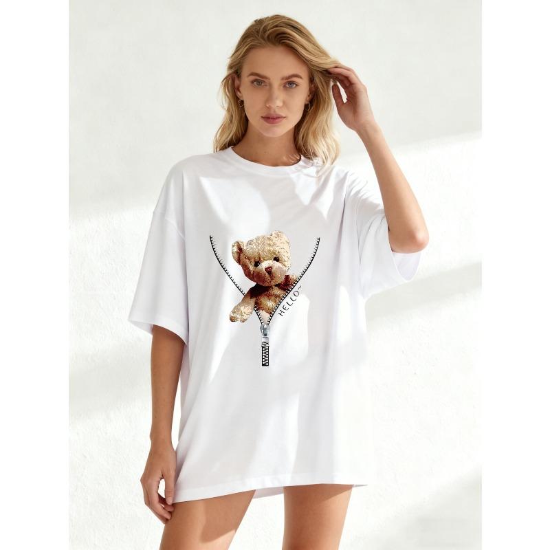 Teddy Bear Zipper Print Oversized T Shirt Black Cute Bear Design For Casual Wear And Street Style Fashion